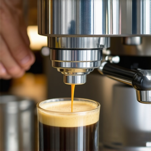 Close-up of a barista tamping coffee grounds in a portafilter with an espresso machine