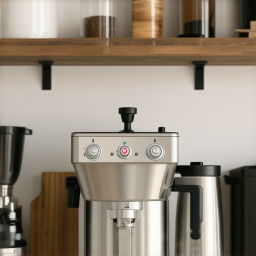 Modern home coffee brewing station with espresso machine and accessories