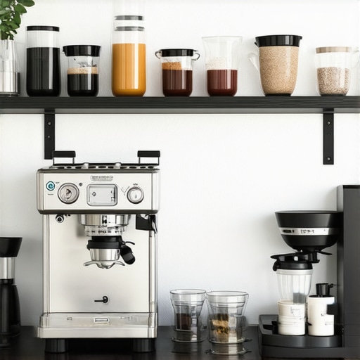 A well-organized home espresso station with a PID machine, grinder, accessories, and water filtration system.