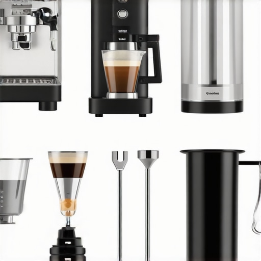 A well-organized home espresso station featuring a high-end espresso machine, grinder, tamper, and brewing tools