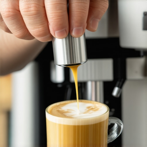 Close-up image showing proper steam wand angle and depth during milk frothing
