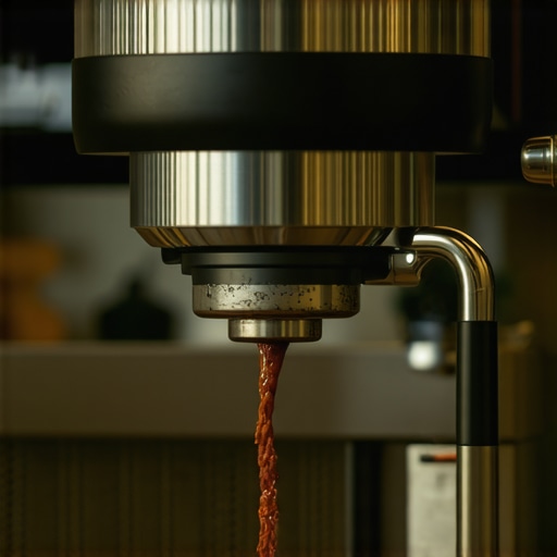 Close-up of a barista tamping coffee grounds with precision, espresso machine in background