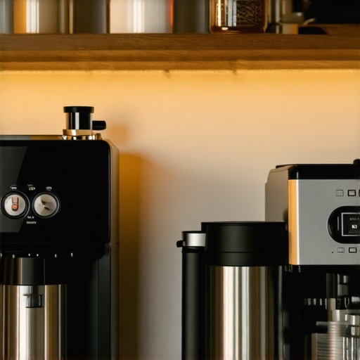 A stylish, organized home coffee station with espresso machine and accessories.