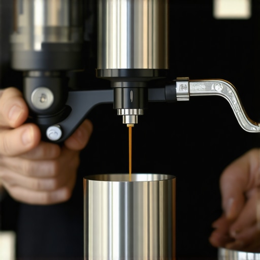 Barista adjusting grinder burrs with calibration tools in a professional setting