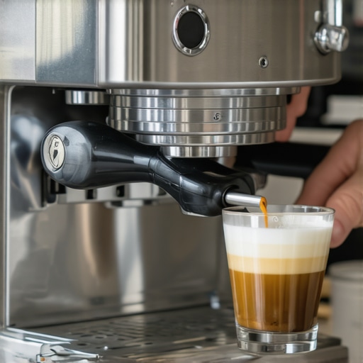 Close-up of a barista fine-tuning the grinder settings with a digital display in a sleek kitchen.