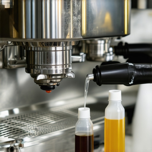 A barista cleaning an espresso machine with specialized tools and descaling solution in a professional kitchen