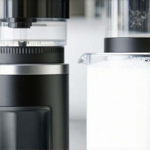 A high-quality coffee grinder and milk frother on a kitchen counter with freshly ground coffee and frothy milk.