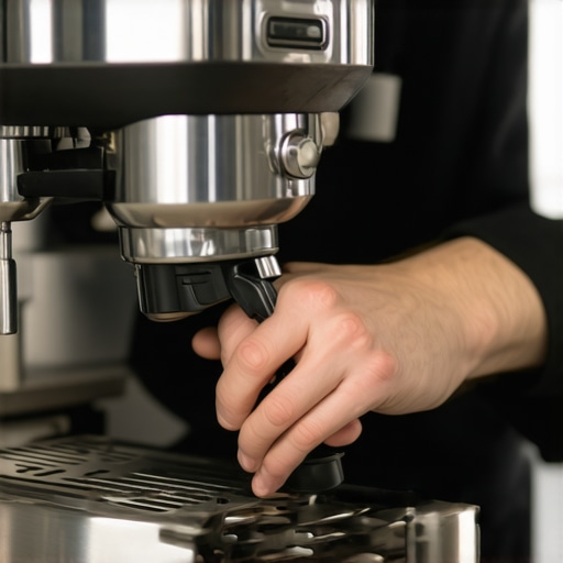 A barista measuring coffee with a digital scale and cleaning tools for espresso machine upkeep.