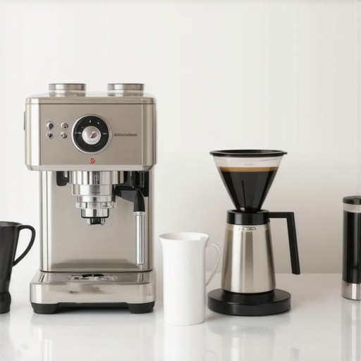 A modern home coffee station with espresso machine, grinder, tamper, and milk frother arranged neatly.