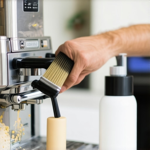 Person cleaning espresso machine with specialized brushes and cleaning tools.