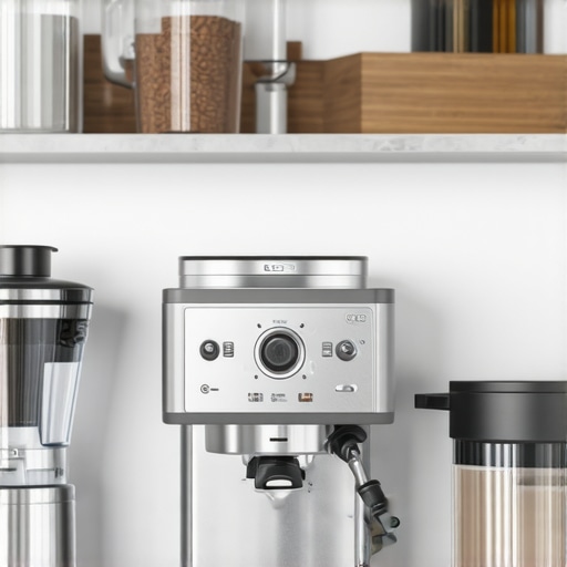 Modern home barista setup with espresso machine, grinder, and milk frother in a stylish kitchen