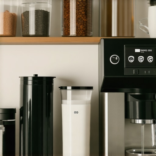 A tidy and efficient home coffee brewing station with espresso machine, grinder, and milk frother