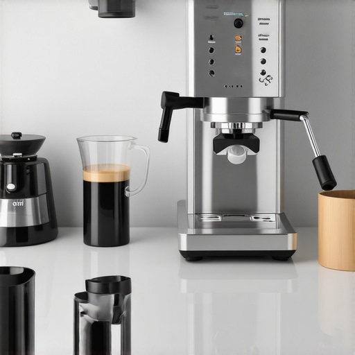 A modern home coffee station with espresso machine, grinder, and accessories.