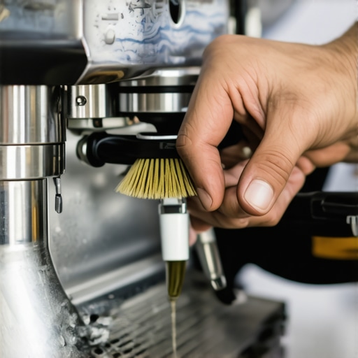 Home Espresso Machine Maintenance Tools in Action A barista cleaning an espresso machine with brushes and descaling tools, demonstrating proper maintenance.