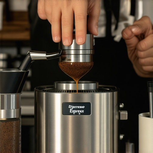 Person tamping coffee grounds in front of espresso machine and grinder