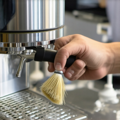 A barista cleaning an espresso machine with a specialized brush, emphasizing detailed maintenance