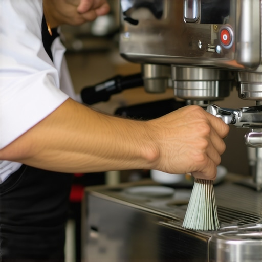 A barista meticulously cleaning an espresso machine with brushes and cleaning tools