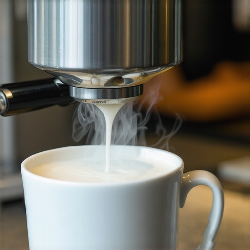 Close-up of milk being steamed with a steam wand creating microfoam