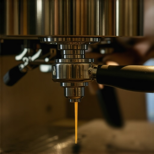 A barista performing maintenance on an espresso machine with a cleaning brush and calibration tools