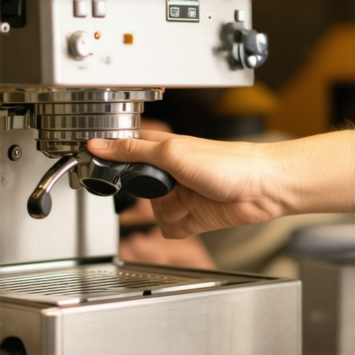 A barista cleaning an espresso machine using brushes and cleaning tools