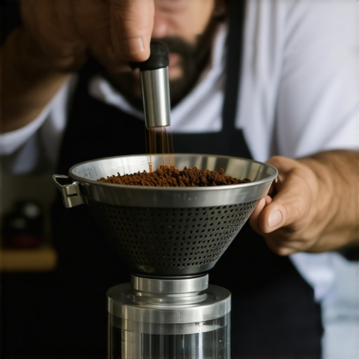 A barista carefully poking coffee grounds with a thin needle to achieve uniform distribution in a coffee basket