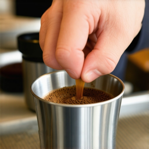 Close-up of a barista tamping coffee grounds into a portafilter for espresso