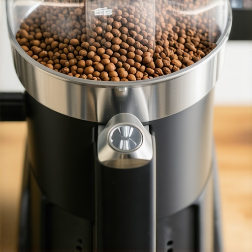Close-up of a conical burr coffee grinder with freshly ground beans and adjustment settings