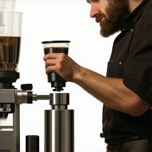 A barista using a calibration kit on a coffee grinder in a professional kitchen