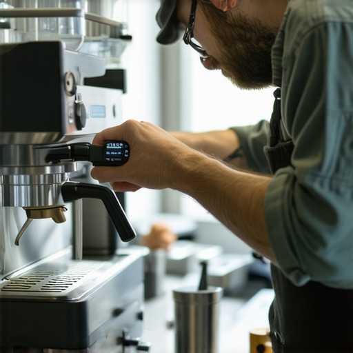A barista using a digital thermometer to calibrate a home espresso machine with cleaning tools nearby