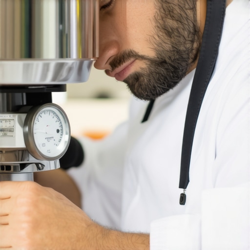 Barista checking water temperature with a digital thermometer during espresso preparation.