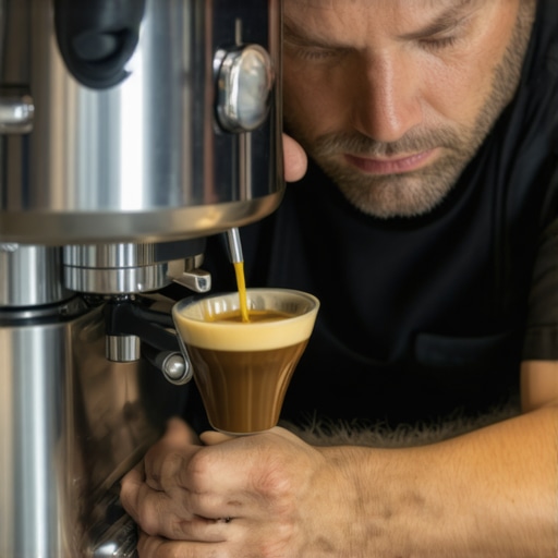Close-up of a barista cleaning an espresso machine with specialized tools, showcasing the importance of maintenance.