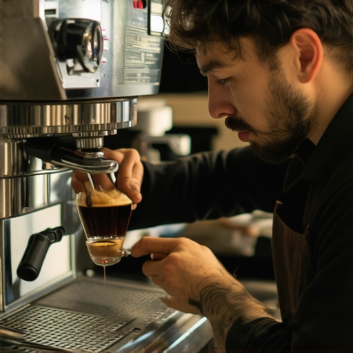 Proper maintenance of espresso equipment A skilled barista cleaning an espresso machine with brushes and cleaning tablets