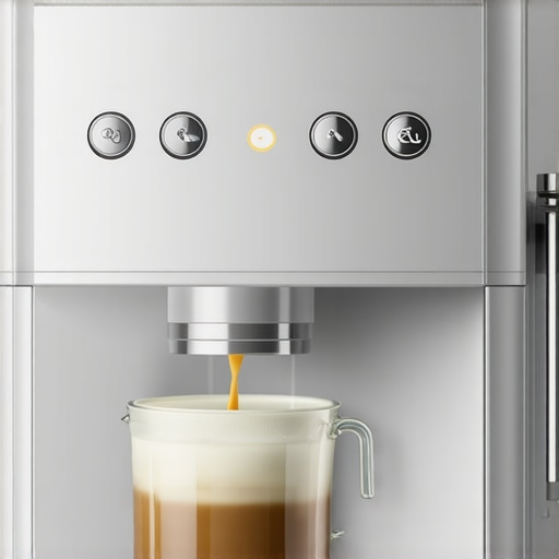 A sleek, energy-efficient espresso machine with labels showing energy star certification and compact size.