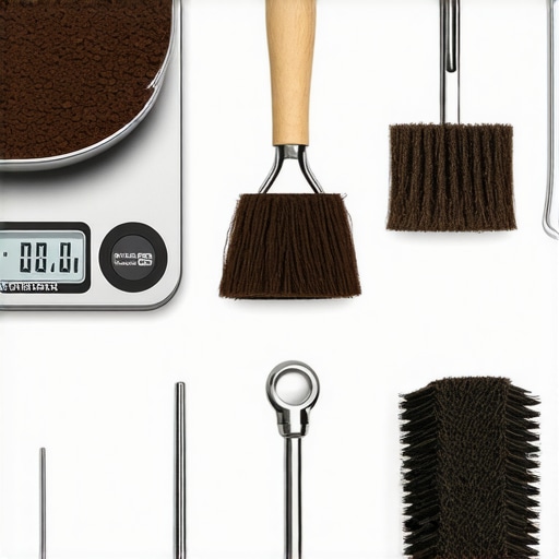 A collection of high-quality barista tools laid out on a wooden countertop, including a digital scale, tamper, cleaning brushes, and accessories