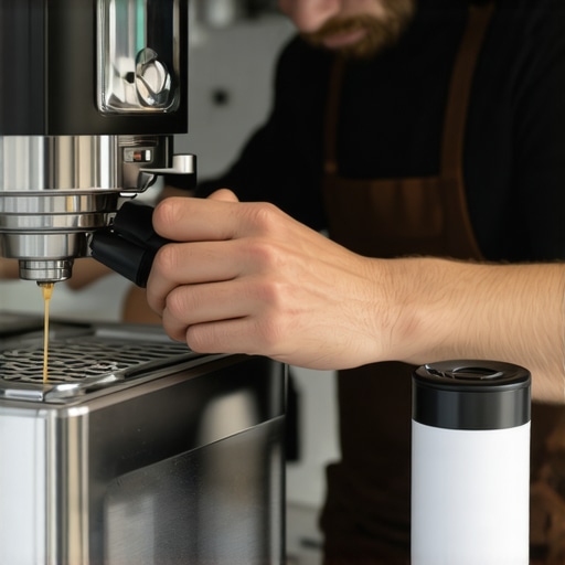 A person using ultrasonic cleaner and tools to maintain their espresso machine in a stylish kitchen