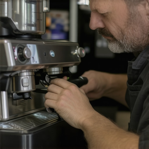 A person cleaning and calibrating their home espresso machine and grinder for optimal performance
