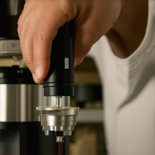 A barista correctly calibrating a coffee grinder with a specialized tool in a well-equipped kitchen