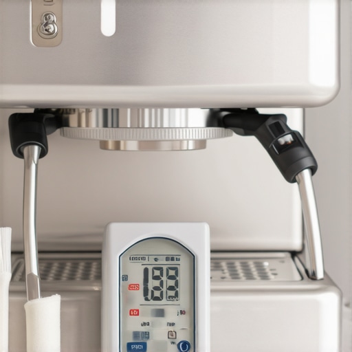 An espresso machine being cleaned with tools and a digital temperature sensor