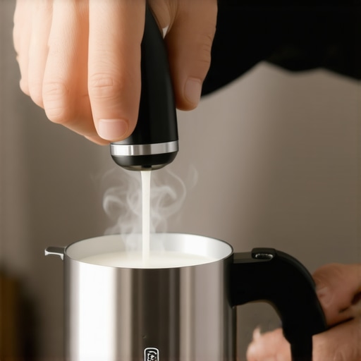 Home barista adjusting a milk frother with a thermometer and steam wand for optimal milk frothing