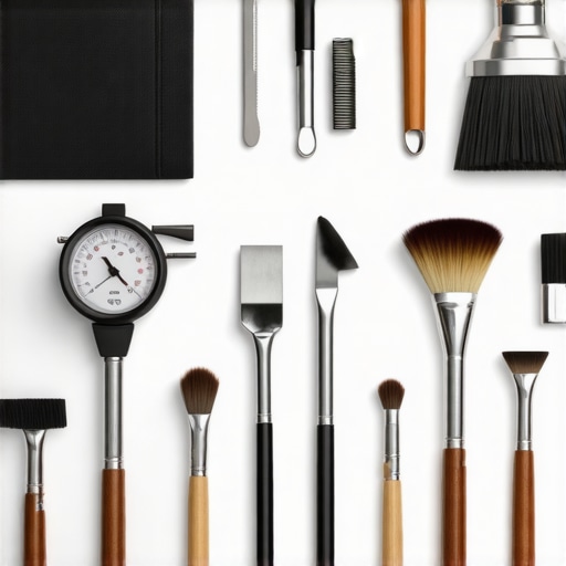 A barista's toolkit featuring calipers, gauges, and cleaning tools for espresso equipment.