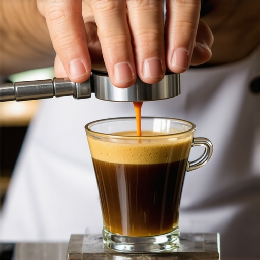 Close-up of a barista pressing a tamper onto coffee grounds with a force gauge showing 30 pounds