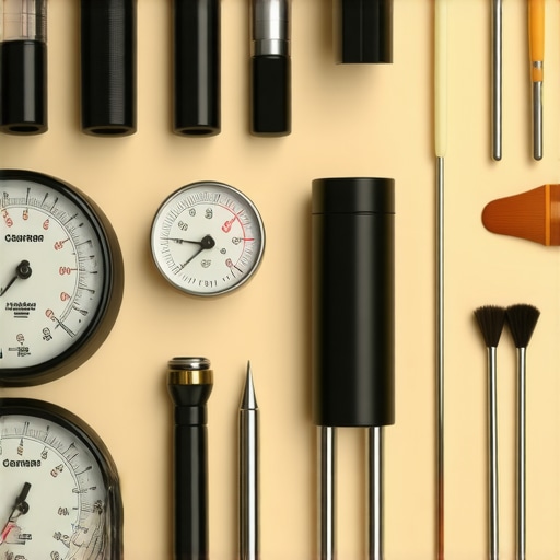 Espresso Maintenance Tools A collection of tools including calibration gauges, a thermal probe, and cleaning brushes for home espresso machine maintenance.