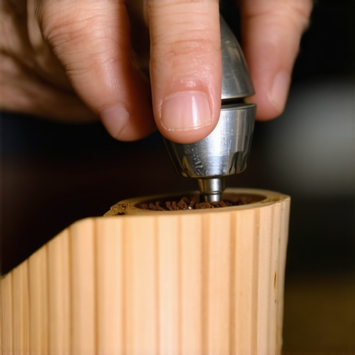 A barista carefully examining coffee grinder burrs during cleaning and calibration