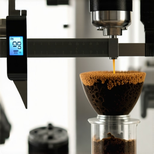 Precision Maintenance: Caliper Measuring Coffee Grinder Burrs A hand holding a digital caliper measuring the burrs of a coffee grinder in a professional kitchen setting