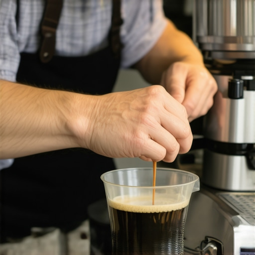 Barista carefully calibrating espresso machine with precision tools to ensure perfect coffee extraction