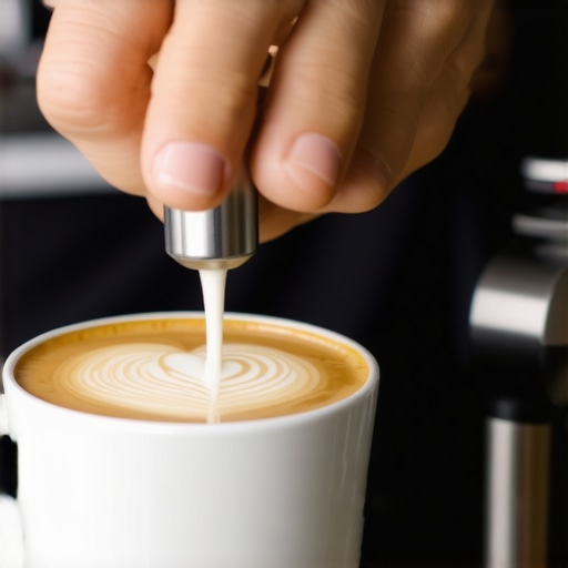 Barista frothing milk with steam wand to create microfoam for coffee art.