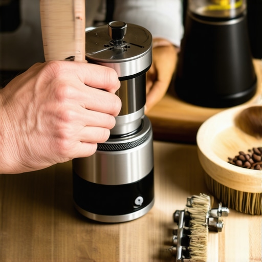 Tools for Home Barista Maintenance A hand using a caliper and brush to maintain a coffee grinder, highlighting essential maintenance tools for espresso gear.