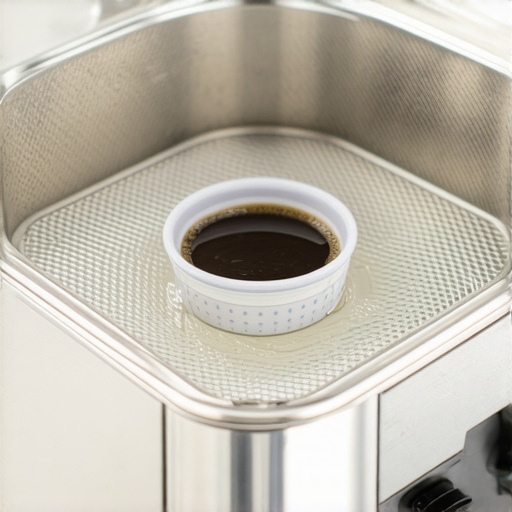 Ultrasonic Cleaning in Action Coffee basket being cleaned with ultrasonic device showing bubbles and agitation