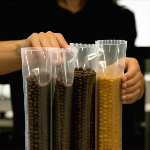 A close-up of a hand vacuum-sealing coffee beans in small bags for proper storage.