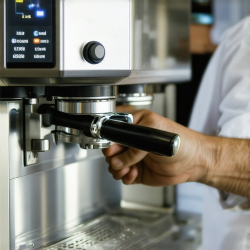 A barista fine-tuning the temperature settings on a professional espresso machine with a digital control panel.